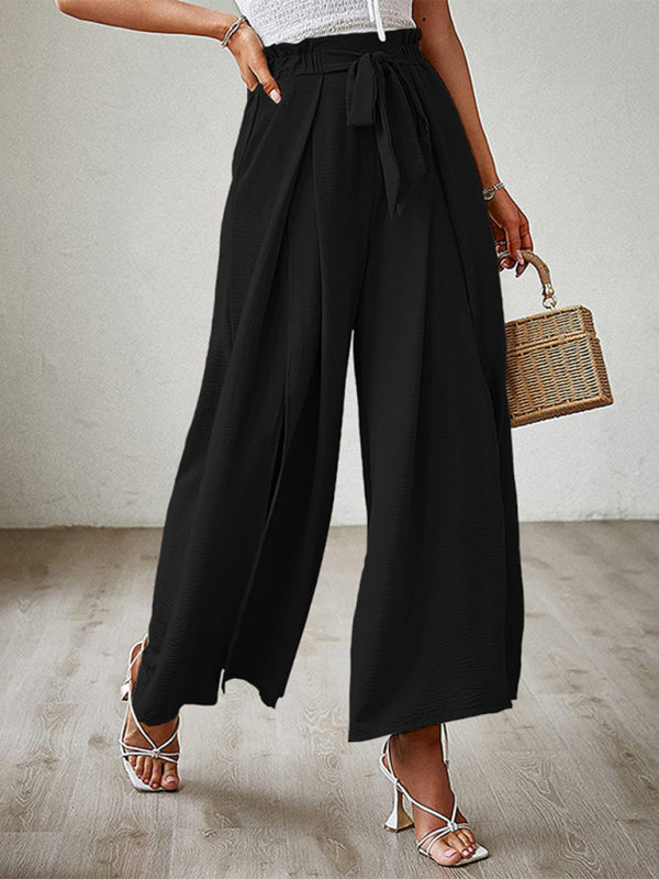 New bow loose high waist pleated wide leg pants with belt pants-[Adult]-[Female]-2022 Online Blue Zone Planet