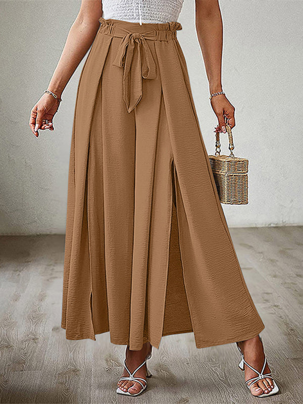 New bow loose high waist pleated wide leg pants with belt pants-[Adult]-[Female]-Camel-S-2022 Online Blue Zone Planet