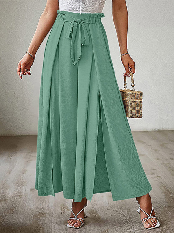 New bow loose high waist pleated wide leg pants with belt pants-[Adult]-[Female]-2022 Online Blue Zone Planet