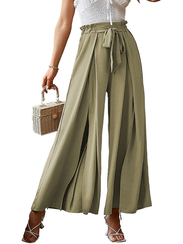 New bow loose high waist pleated wide leg pants with belt pants-[Adult]-[Female]-2022 Online Blue Zone Planet