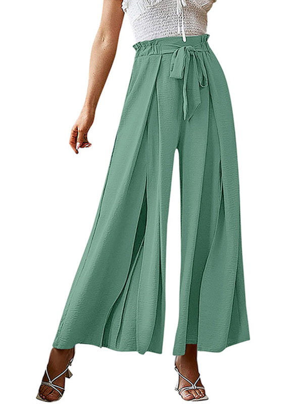 New bow loose high waist pleated wide leg pants with belt pants-[Adult]-[Female]-2022 Online Blue Zone Planet