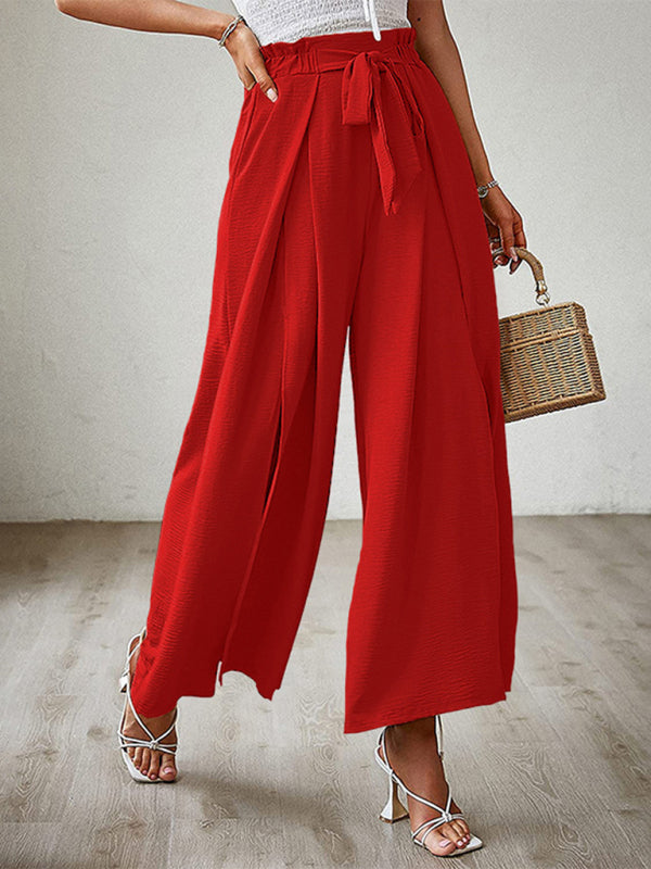 New bow loose high waist pleated wide leg pants with belt pants-[Adult]-[Female]-2022 Online Blue Zone Planet