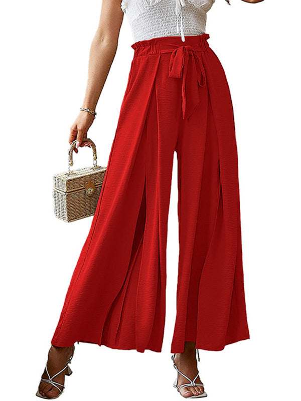 New bow loose high waist pleated wide leg pants with belt pants-[Adult]-[Female]-2022 Online Blue Zone Planet