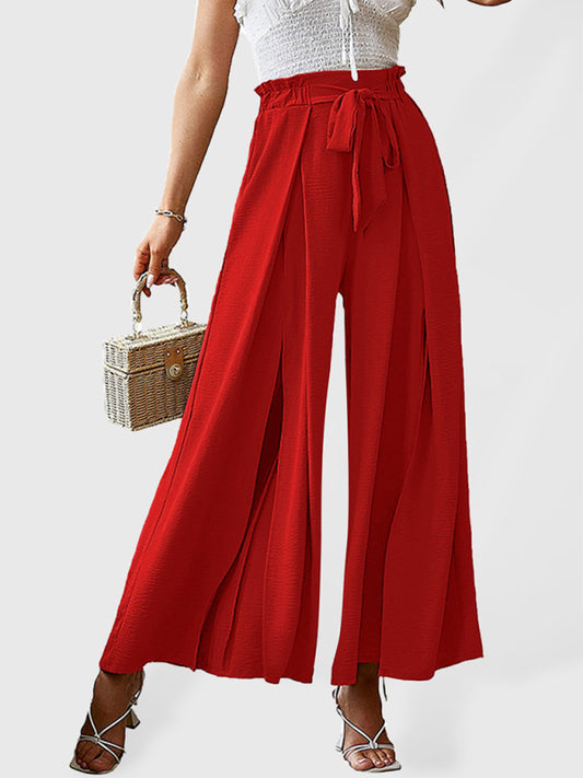 New bow loose high waist pleated wide leg pants with belt pants-[Adult]-[Female]-Red-S-2022 Online Blue Zone Planet