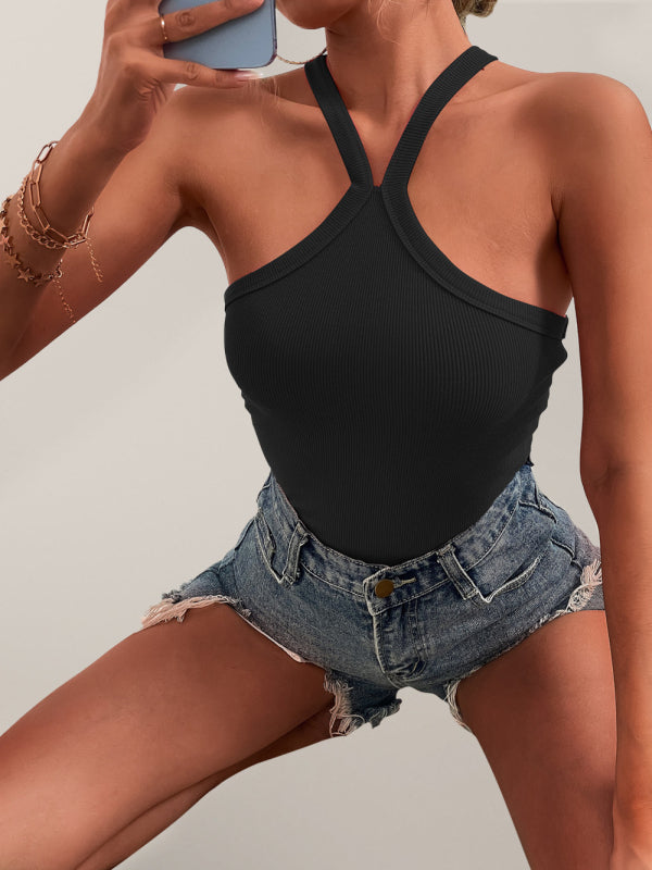 Women's Solid Color Halter Neck Casual Versatile Vest-[Adult]-[Female]-Black-S-2022 Online Blue Zone Planet