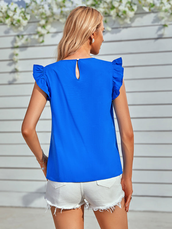 Blue Zone Planet |  Ladies Woven Round Neck Lace Ruffle Sleeve Top BLUE ZONE PLANET