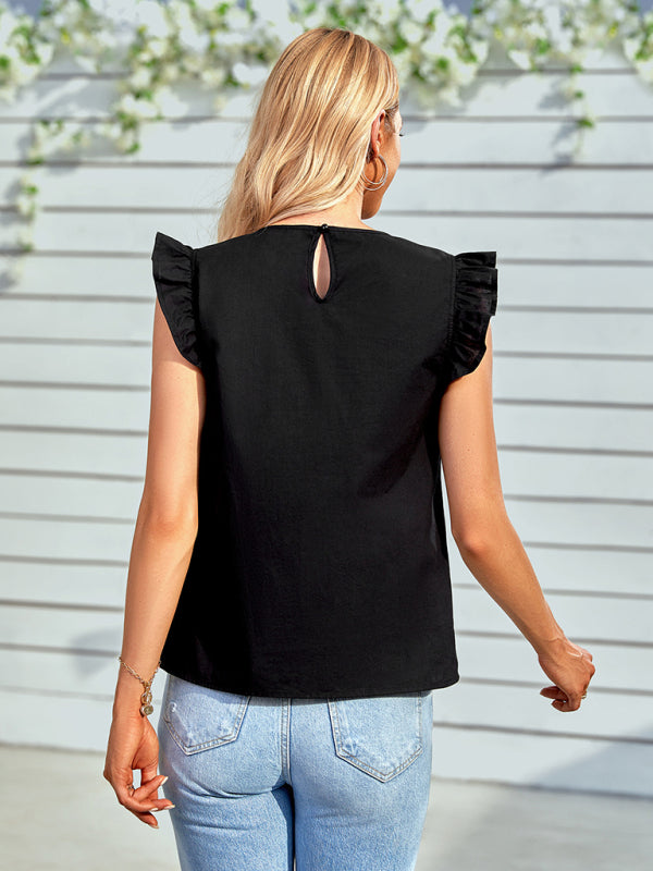 Blue Zone Planet |  Ladies Woven Round Neck Lace Ruffle Sleeve Top BLUE ZONE PLANET