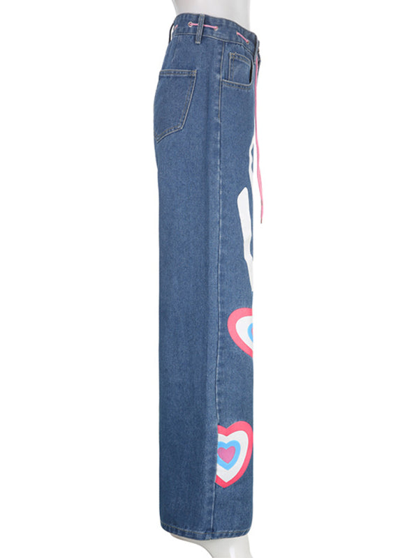 Contrasting Color Heart Graffiti Print Loose Jeans-[Adult]-[Female]-2022 Online Blue Zone Planet