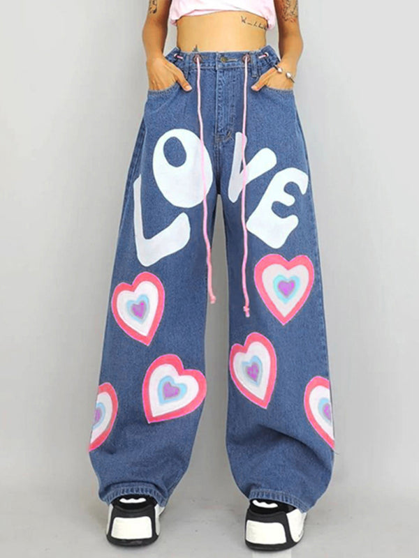 Contrasting Color Heart Graffiti Print Loose Jeans-[Adult]-[Female]-Blue-S-2022 Online Blue Zone Planet