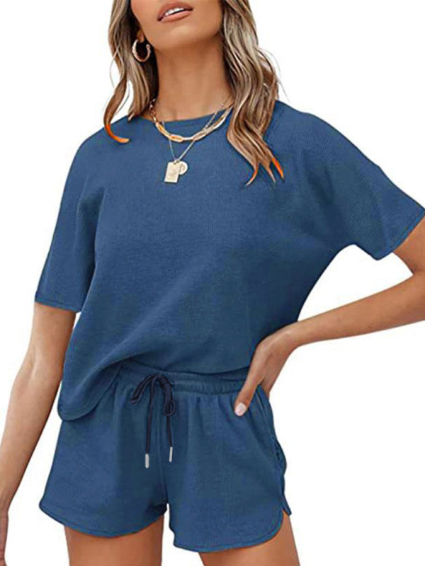 Blue Zone Planet |  Short Sleeve Loungewear Solid Color Waffle Two-Piece Set BLUE ZONE PLANET