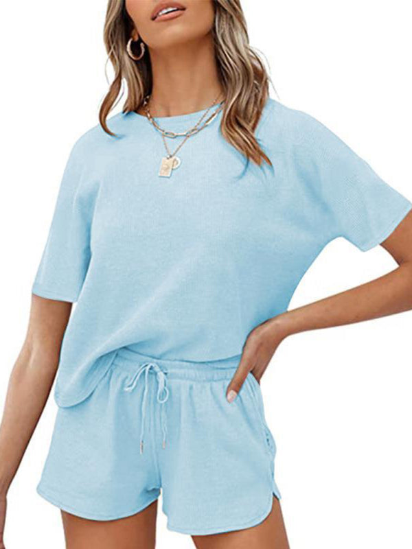 Blue Zone Planet |  Short Sleeve Loungewear Solid Color Waffle Two-Piece Set BLUE ZONE PLANET