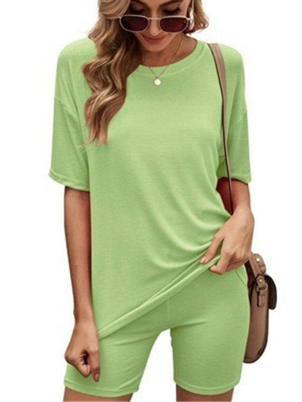 Blue Zone Planet | Women's solid color short-sleeved shorts with shorts casual home two-piece set-TOPS / DRESSES-[Adult]-[Female]-Green-S-2022 Online Blue Zone Planet