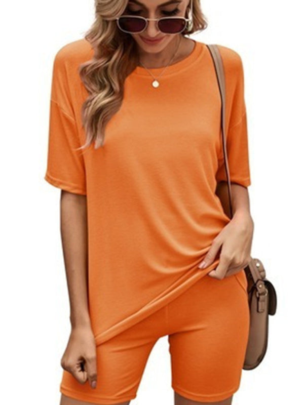Blue Zone Planet | Women's solid color short-sleeved shorts with shorts casual home two-piece set-TOPS / DRESSES-[Adult]-[Female]-Orange-S-2022 Online Blue Zone Planet