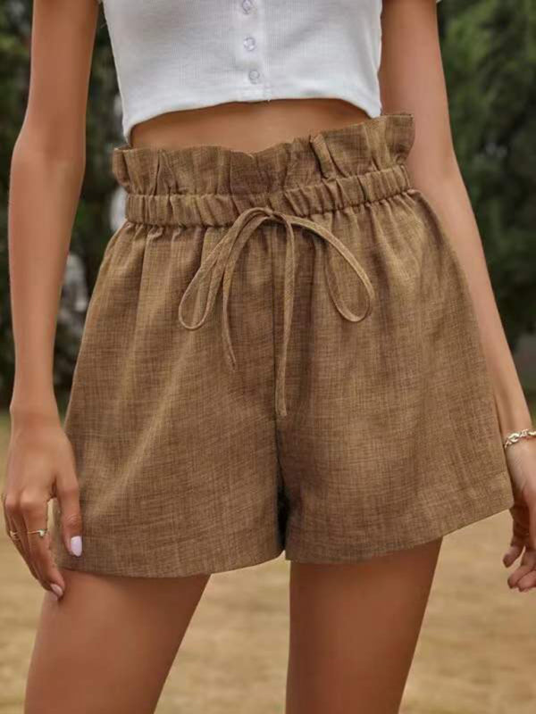 Women's Solid Color High Waist Lace Up Loose Wide Leg Shorts-TOPS / DRESSES-[Adult]-[Female]-2022 Online Blue Zone Planet