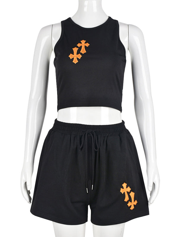 cross-embroidered navel vest + shorts two-piece sets-[Adult]-[Female]-2022 Online Blue Zone Planet