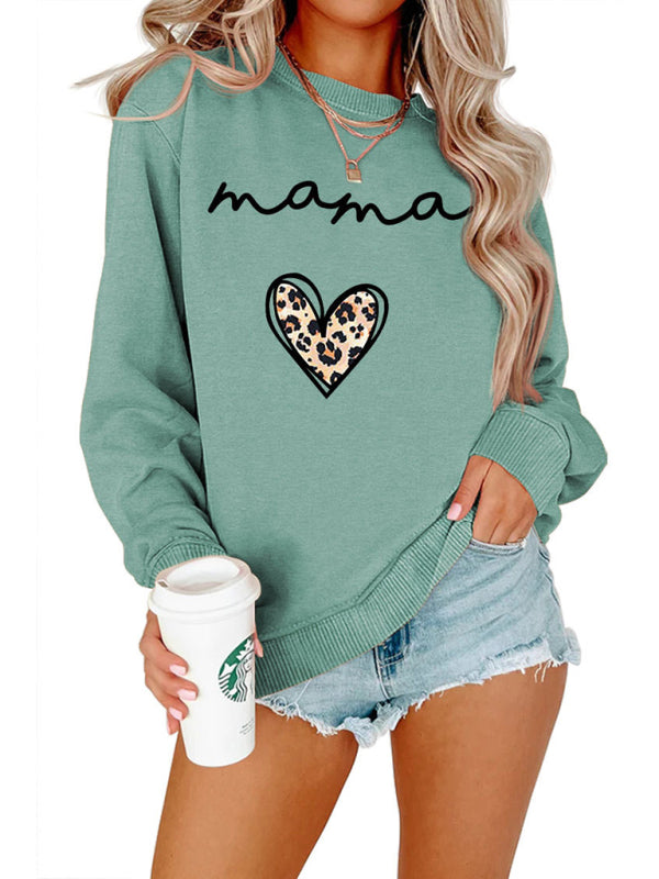 mama leopard print love print casual simple women's long-sleeved sweatshirt-[Adult]-[Female]-Green-S-2022 Online Blue Zone Planet