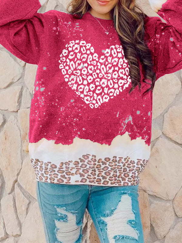 Women's knitted heart-shaped leopard print design pullover sweater-[Adult]-[Female]-2022 Online Blue Zone Planet