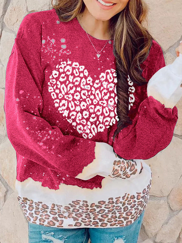 Women's knitted heart-shaped leopard print design pullover sweater-[Adult]-[Female]-2022 Online Blue Zone Planet