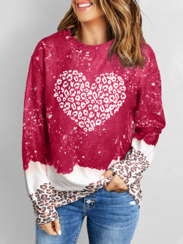 Women's knitted heart-shaped leopard print design pullover sweater-[Adult]-[Female]-Red-S-2022 Online Blue Zone Planet