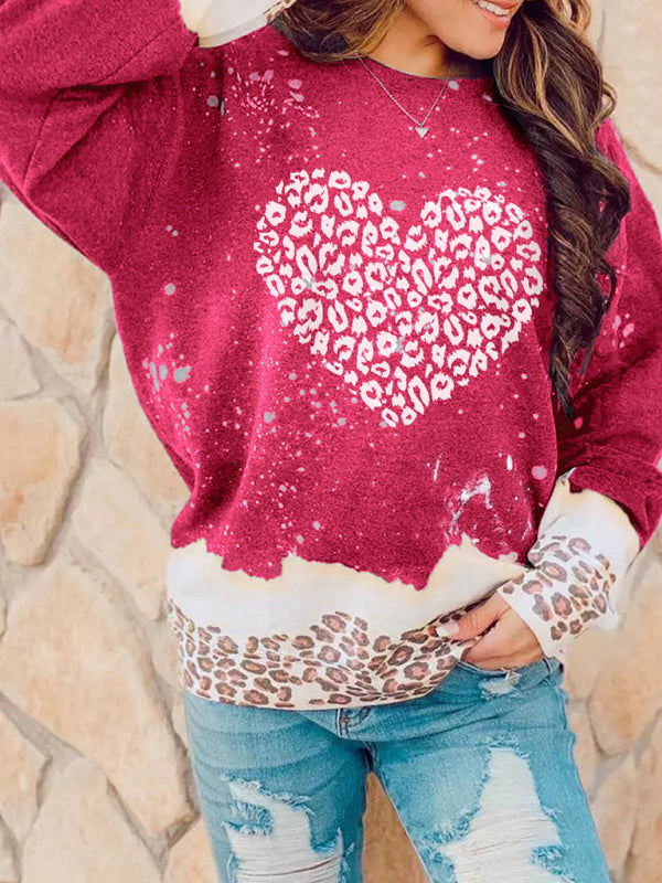 Women's knitted heart-shaped leopard print design pullover sweater-[Adult]-[Female]-2022 Online Blue Zone Planet