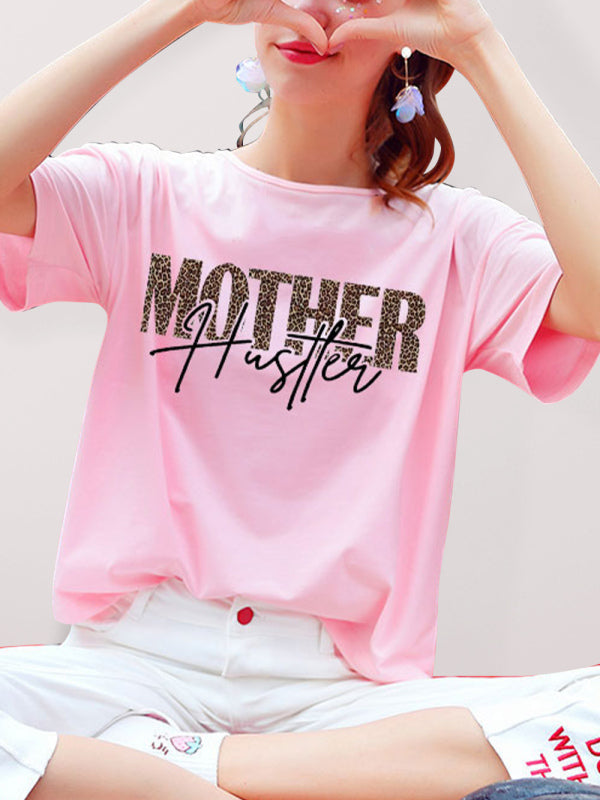 knitted round neck leopard print short-sleeved T-shirt-[Adult]-[Female]-Pink-S-2022 Online Blue Zone Planet