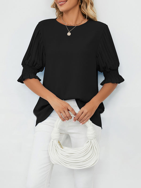 Woven Round Neck Ruffle Princess Sleeve Loose Chiffon Top-[Adult]-[Female]-Black-S-2022 Online Blue Zone Planet