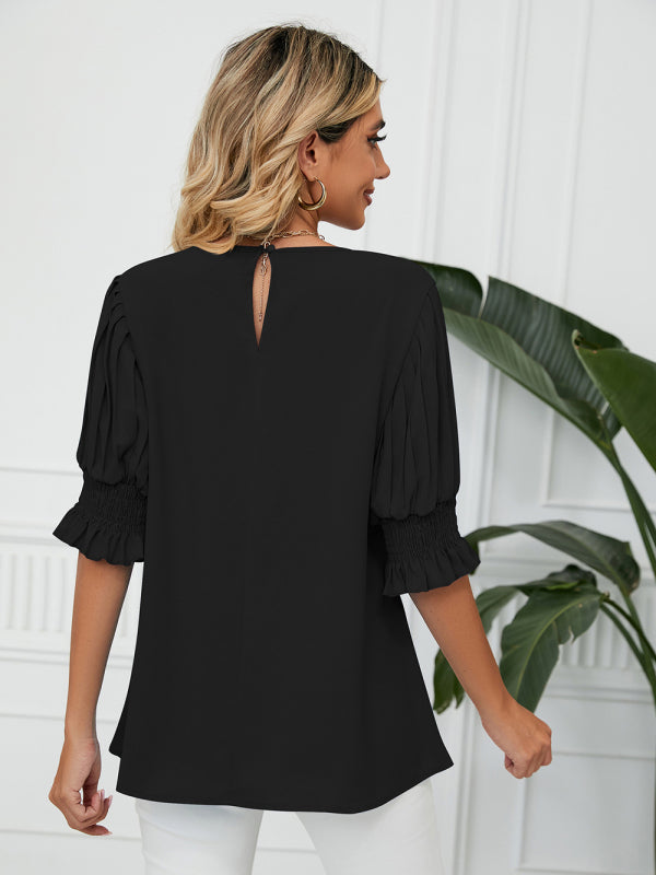 Woven Round Neck Ruffle Princess Sleeve Loose Chiffon Top-[Adult]-[Female]-2022 Online Blue Zone Planet