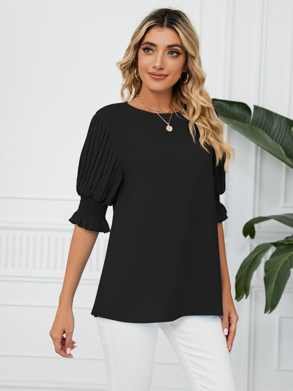 Woven Round Neck Ruffle Princess Sleeve Loose Chiffon Top-[Adult]-[Female]-2022 Online Blue Zone Planet