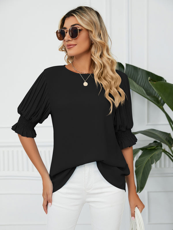 Woven Round Neck Ruffle Princess Sleeve Loose Chiffon Top-[Adult]-[Female]-2022 Online Blue Zone Planet