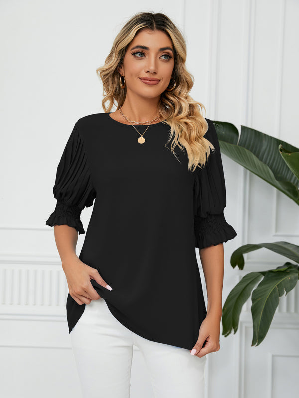 Woven Round Neck Ruffle Princess Sleeve Loose Chiffon Top-[Adult]-[Female]-2022 Online Blue Zone Planet