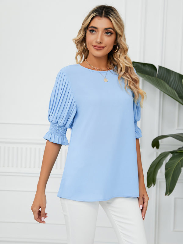 Woven Round Neck Ruffle Princess Sleeve Loose Chiffon Top-[Adult]-[Female]-Sky blue azure-S-2022 Online Blue Zone Planet