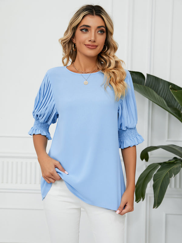 Woven Round Neck Ruffle Princess Sleeve Loose Chiffon Top-[Adult]-[Female]-2022 Online Blue Zone Planet