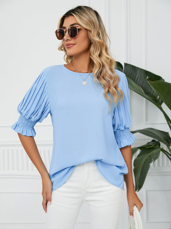 Woven Round Neck Ruffle Princess Sleeve Loose Chiffon Top-[Adult]-[Female]-2022 Online Blue Zone Planet