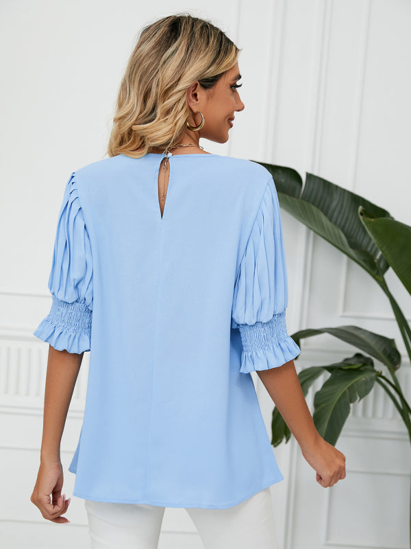 Woven Round Neck Ruffle Princess Sleeve Loose Chiffon Top-[Adult]-[Female]-2022 Online Blue Zone Planet