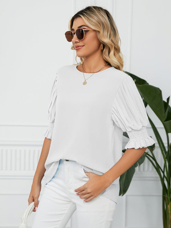 Woven Round Neck Ruffle Princess Sleeve Loose Chiffon Top-[Adult]-[Female]-2022 Online Blue Zone Planet