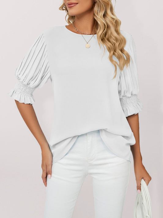 Woven Round Neck Ruffle Princess Sleeve Loose Chiffon Top-[Adult]-[Female]-White-S-2022 Online Blue Zone Planet