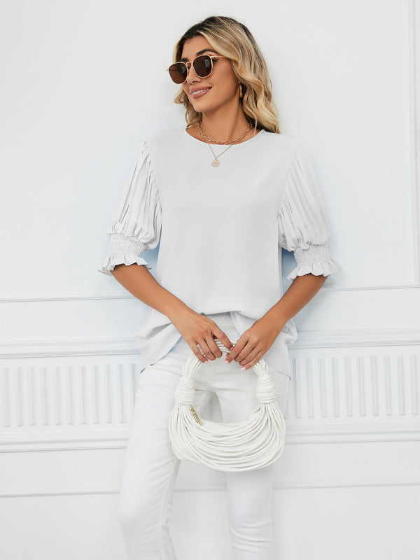 Woven Round Neck Ruffle Princess Sleeve Loose Chiffon Top-[Adult]-[Female]-2022 Online Blue Zone Planet