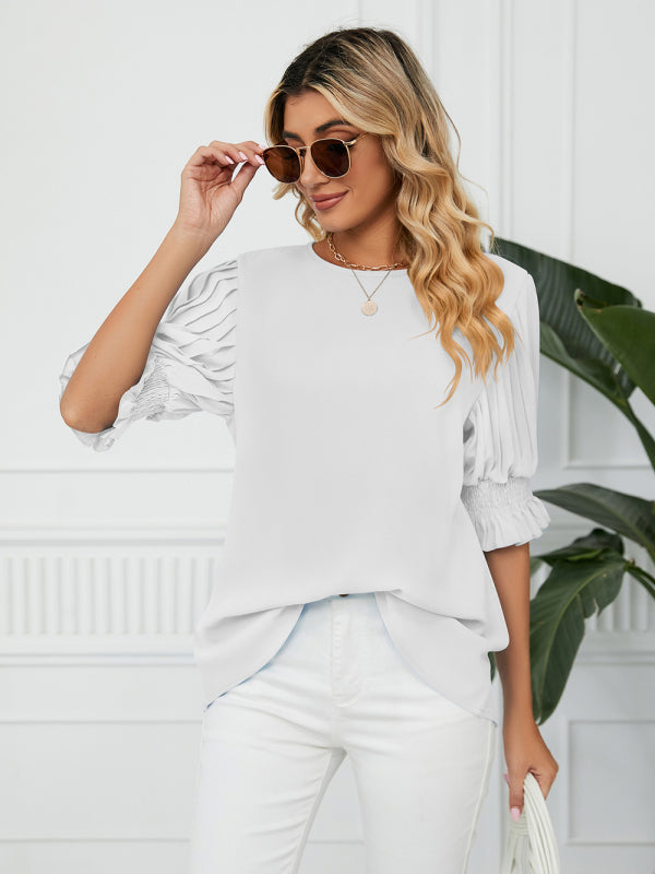 Woven Round Neck Ruffle Princess Sleeve Loose Chiffon Top-[Adult]-[Female]-2022 Online Blue Zone Planet