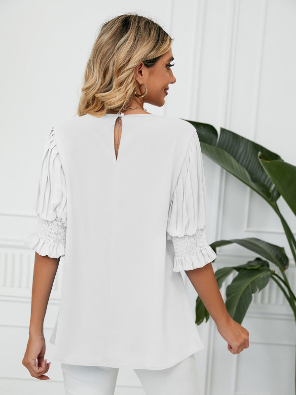 Woven Round Neck Ruffle Princess Sleeve Loose Chiffon Top-[Adult]-[Female]-2022 Online Blue Zone Planet