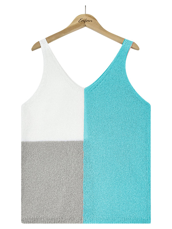 Blue Zone Planet |  Women's Splicing Contrasting Color V-neck Casual Knit Tank Top BLUE ZONE PLANET