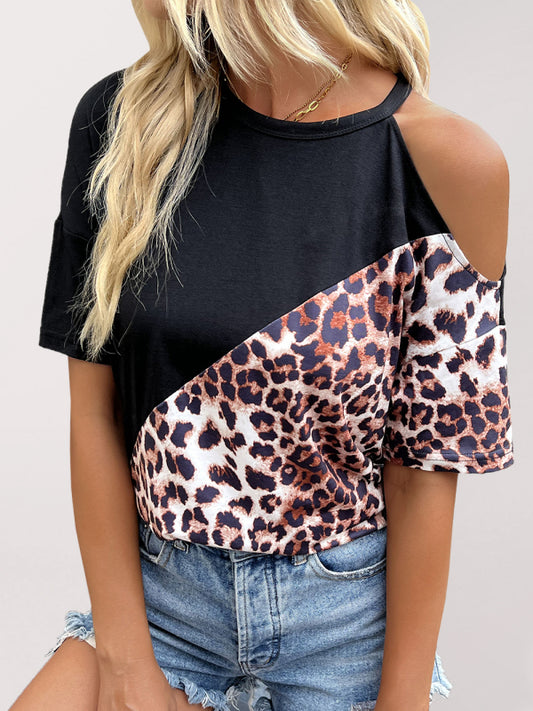 Mabel's Knitted Round Neck Leopard Print Off-Shoulder T-Shirt-TOPS / DRESSES-[Adult]-[Female]-Black-S-2022 Online Blue Zone Planet