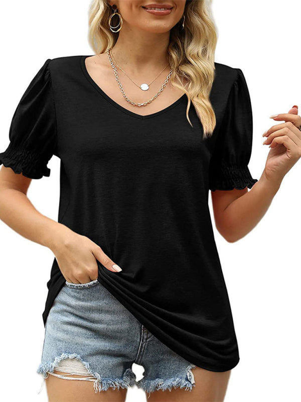 Blue Zone Planet | Summer Women's Puff Sleeve Pleated Short Sleeve V Neck T-Shirt-[Adult]-[Female]-Black-S-2022 Online Blue Zone Planet