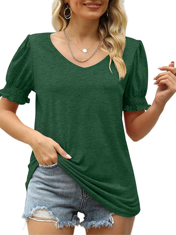 Blue Zone Planet | Summer Women's Puff Sleeve Pleated Short Sleeve V Neck T-Shirt-[Adult]-[Female]-Green-S-2022 Online Blue Zone Planet