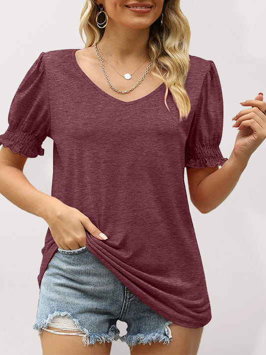 Blue Zone Planet | Summer Women's Puff Sleeve Pleated Short Sleeve V Neck T-Shirt-[Adult]-[Female]-Wine Red-S-2022 Online Blue Zone Planet