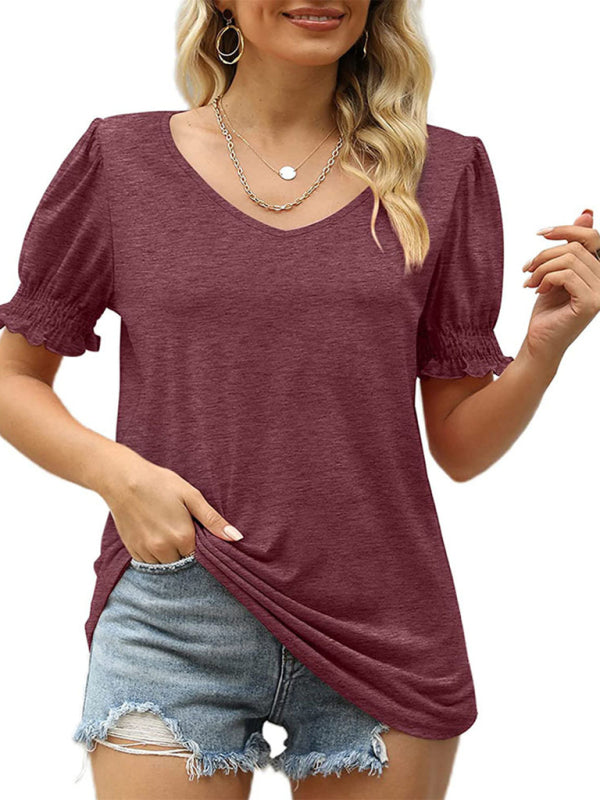 Blue Zone Planet | Summer Women's Puff Sleeve Pleated Short Sleeve V Neck T-Shirt-[Adult]-[Female]-2022 Online Blue Zone Planet