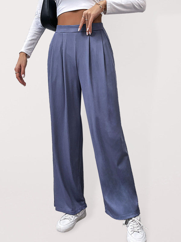 Wide Leg High Waist Pleated Pants Women-[Adult]-[Female]-Blue-S-2022 Online Blue Zone Planet