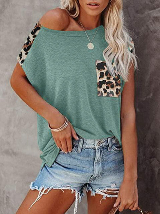 Round neck paneled leopard pocket raglan sleeve casual T-shirt-[Adult]-[Female]-Green-S-2022 Online Blue Zone Planet