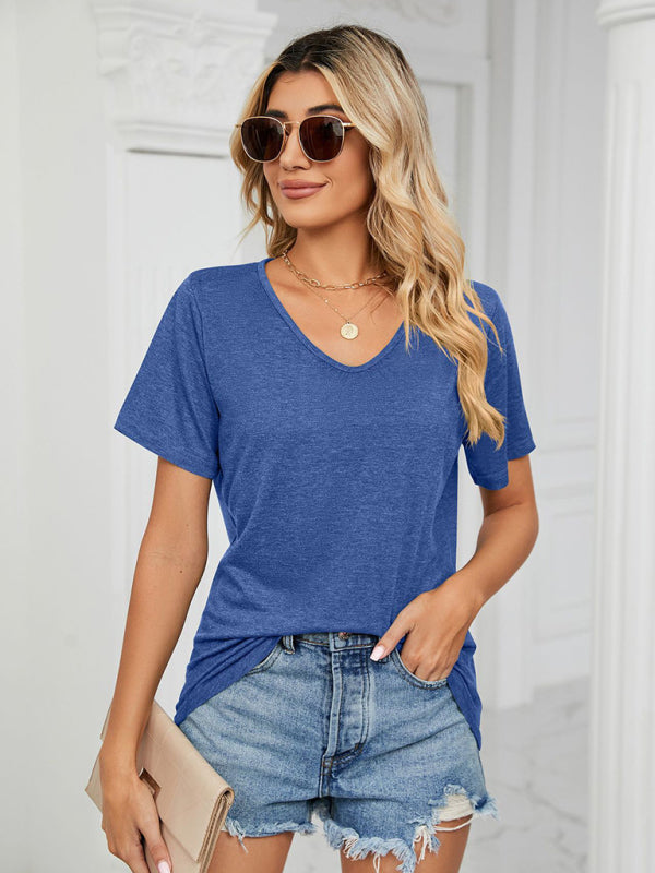 Blue Zone Planet |  Short Sleeve V Neck Gathered Solid Color Loose T-Shirt Top Ladies BLUE ZONE PLANET