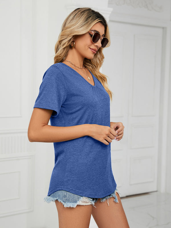 Blue Zone Planet |  Short Sleeve V Neck Gathered Solid Color Loose T-Shirt Top Ladies BLUE ZONE PLANET