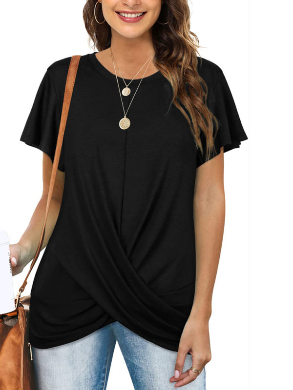 Explosive round neck solid color hem kink short-sleeved T-shirt-[Adult]-[Female]-Black-S-2022 Online Blue Zone Planet